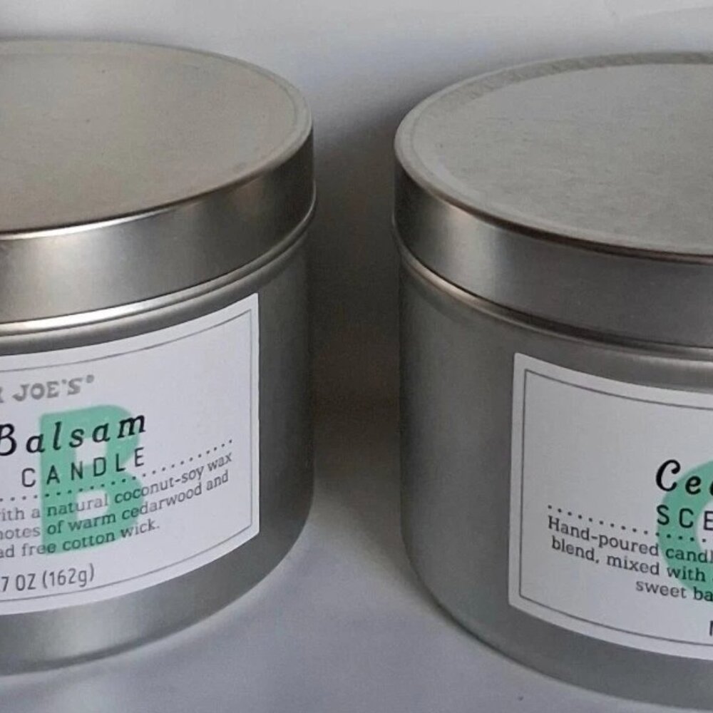 2 Trader Joe's Cedar Balsam Scented Candles Cotton Wick Silver Tin - Picture 4 of 4